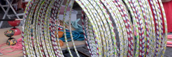 Many Hula Hoops Row Different Colors — Stock Photo, Image