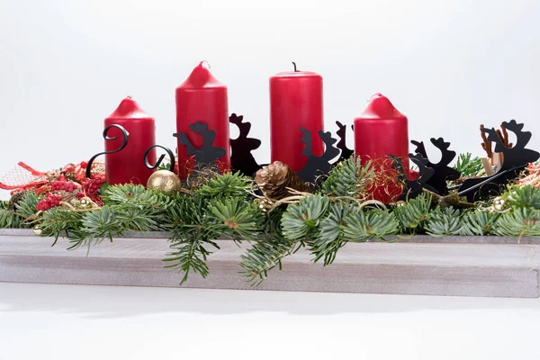 Four Traditional Red Advent Candles Christmas Decoration Isolated White Background — Stock Photo, Image