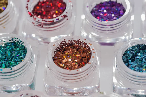 Different Colored Glitters Transparent Jars — Stock Photo, Image