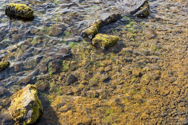 Kameny Pokryté Mechem Čisté Vodě Jezera — Stock fotografie
