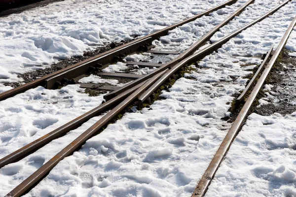 Залізничні Колії Морозну Зиму Вкриті Снігом — стокове фото