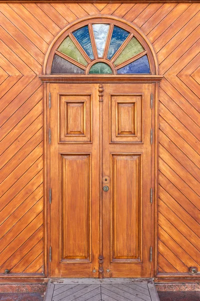 Wooden Door Windows Colorful Glass Panes Wooden Wall — Stock Photo, Image