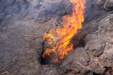 Volkanik manzara ile ateş Timanfaya Milli Parkı'nda. Lanzarote. Kanarya Adaları. İspanya