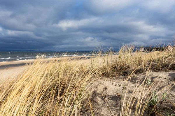 Travnatý Písečné Duny Dramatickou Oblohu Pobřeží Baltského Moře Ostrově Usedom — Stock fotografie