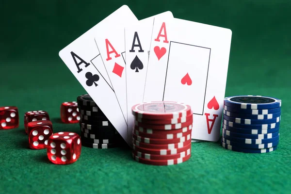 Poker Chips Playing Cards Red Dice Green Table Casino Game — Stock Photo, Image