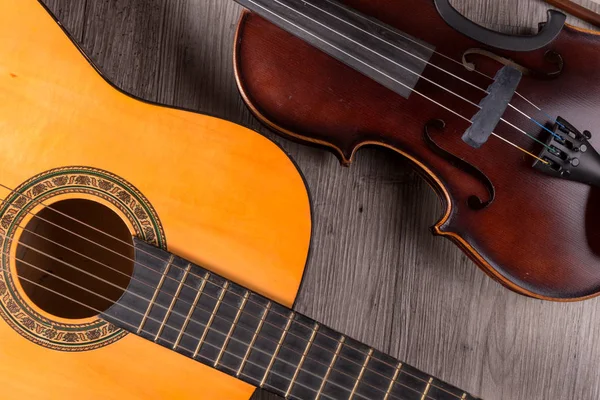 Classical Violin Guitar Wooden Background Traditional Musical Instruments — Stock Photo, Image