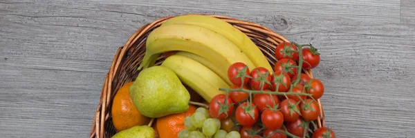 Fruit Basket Wooden Table Panoramic Picture — Stock Photo, Image