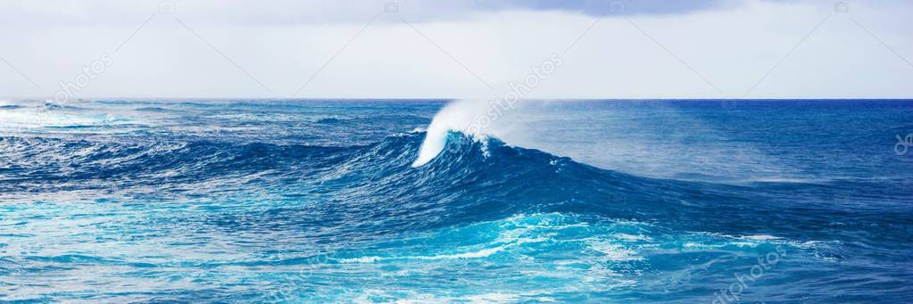 Panoramic image of the powerful splash sea wave, panoramic water background