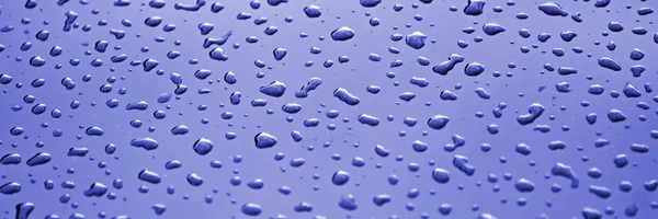Panorama Muchas Gotas Agua Sobre Vidrio Fondo Panorámico Azul —  Fotos de Stock
