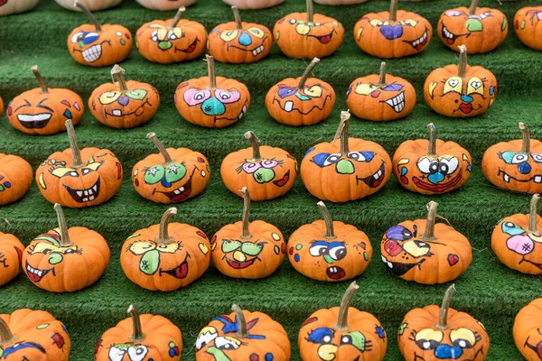 Many little funny painted pumpkins. Halloween background