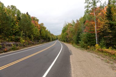 Kanada 'daki Mauricie Ulusal Parkı' nda boş bir cadde. Quebec