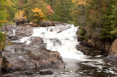 Uzun pozlama. Sonbaharda örgü şelalesi. Mont Tremblant Ulusal Parkı. Quebec 'te. Kanada