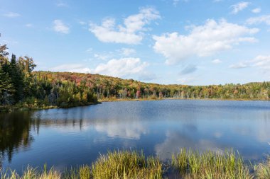 Göl ve sonbahar orman manzarası. La Mauricie Ulusal Parkı. Quebec 'te. Kanada