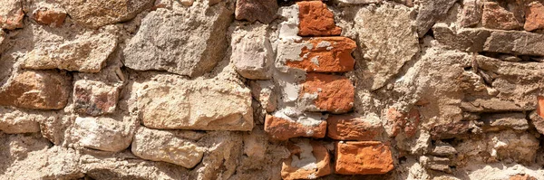 Настенный Панорамный Фон Старая Сломанная Красная Кирпичная Стена Цементным Раствором — стоковое фото