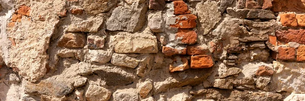 Parete Panorama Sfondo Vecchio Muro Mattoni Rossi Rotti Con Malta — Foto Stock