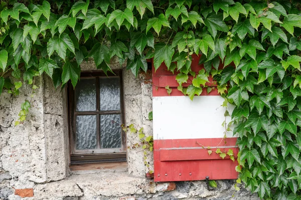 Shutter on the window of the castle wall in red and white like the Austrian flag