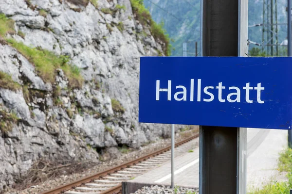 Railway Station Hallstatt Blue Guide Sign German Austria — Stock Photo, Image