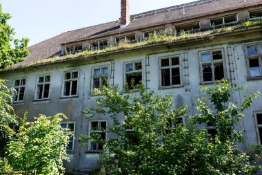 Ağaçları olan terk edilmiş bir binanın cephesi