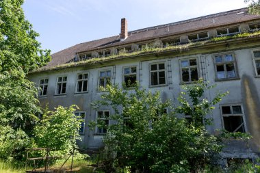 Ağaçları olan terk edilmiş bir binanın cephesi