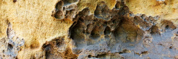 Sandstein Panorama Hintergrund Nahaufnahme Von Löchrigen Natursandsteinfelsen — Stockfoto