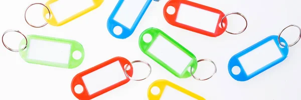 Panoramic Image Blank Colorful Keychains Ring Key Isolated White — Stock Photo, Image