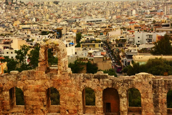 Vista Atenas Desde Acrópolis Primer Plano Podemos Ver Las Ruinas —  Fotos de Stock