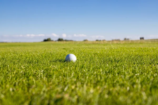 高尔夫球躺在草地上的高尔夫球场上 是一个阳光灿烂的日子高尔夫球的概念 案文的位置 — 图库照片