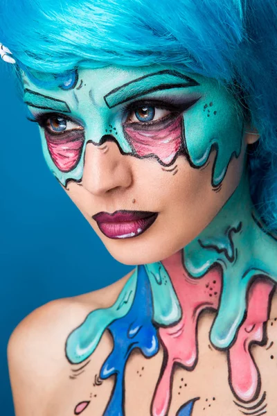 Fashionabla zombie flicka. Porträtt av en pin-up zombie kvinna. Kroppsmålning projektet. Halloween smink. — Stockfoto