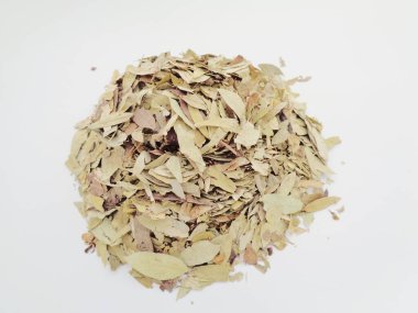 Kurutulmuş Senna Alexandrina (ayrıca daun jati tiongkok, daun jati china olarak da bilinir) beyaz arka planla ayrılmaktadır. Bu yapraklar genellikle bitki çayı olarak kullanılır. Bu çay ferahlatıcı ve özel bir kokusu var..