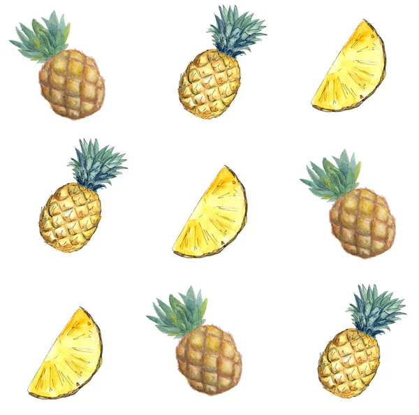 Aquarel Ananas Ananas Stukjes Een Witte Achtergrond — Stockfoto