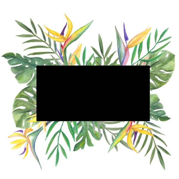finished template image, framed with green and gold palm leaves, monstera, Strelitzia flowers on a white background, watercolor
