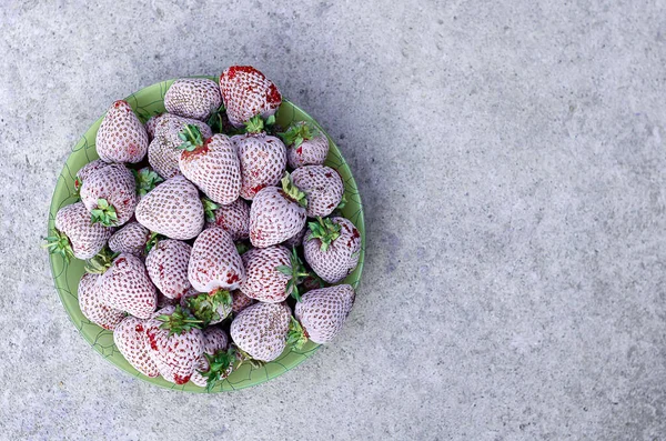 Buzla kaplı donmuş çilekler gri beton arka planda bir kasede. Uzayı kopyala Metin için yer