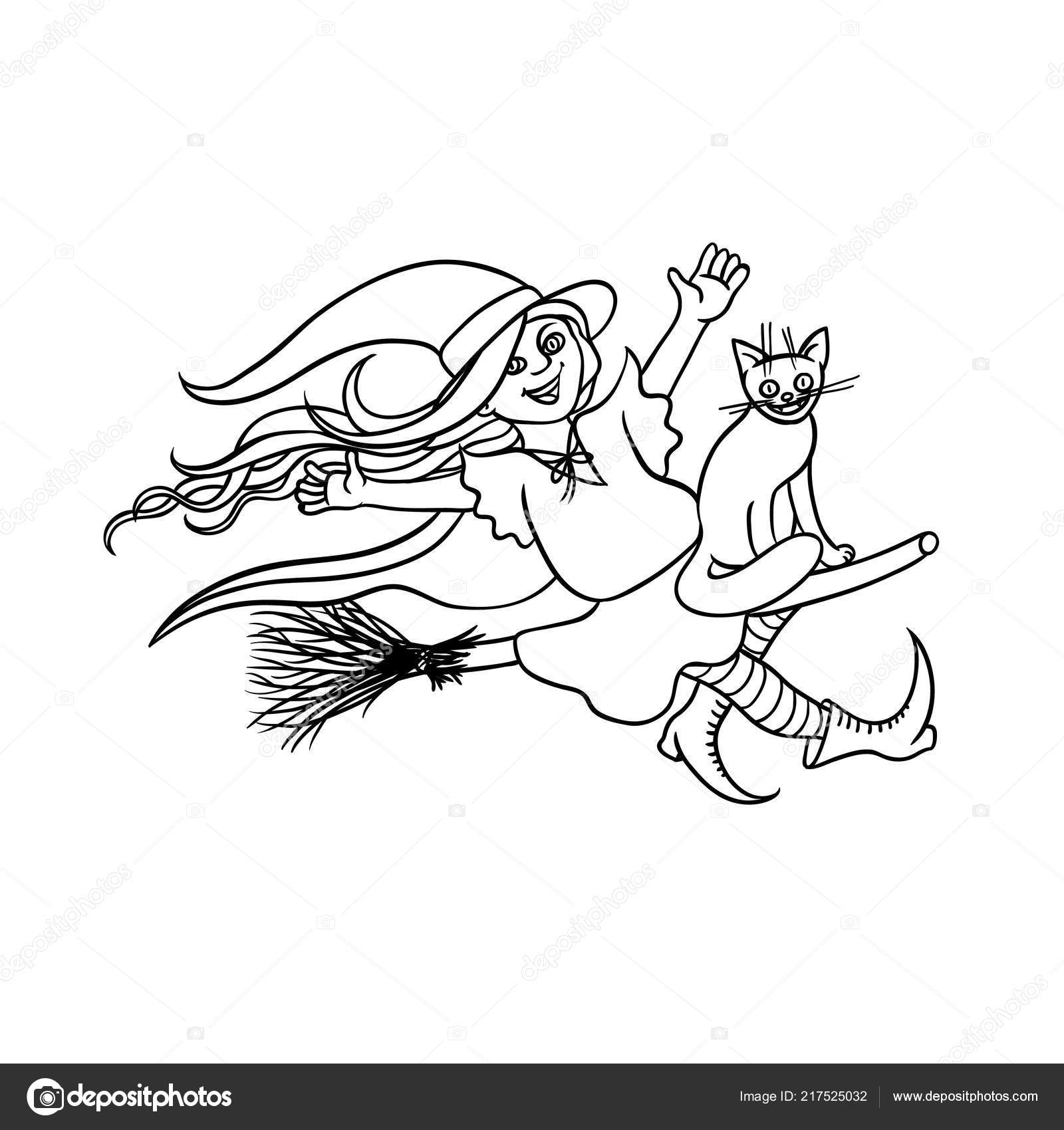 Vektor Halloween Mädchen Hexe Auf Besen Mit Katze