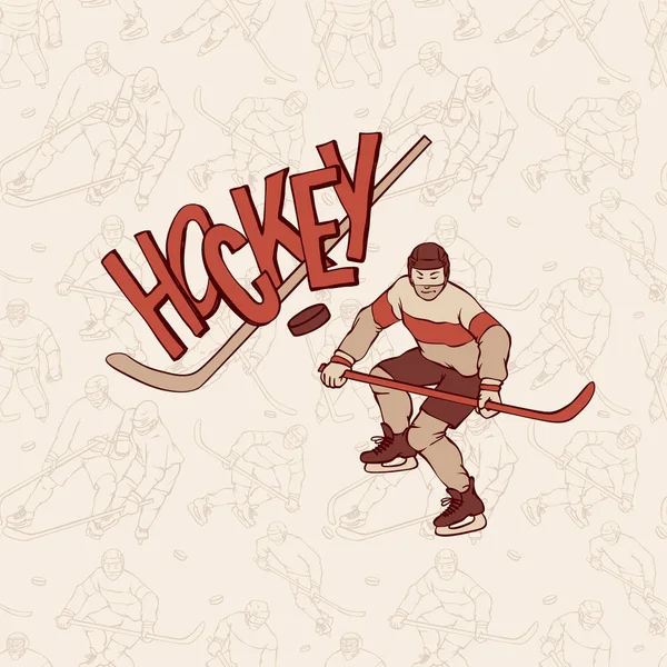 Vintage hockey sportsman and seamless pattern background. Retro player motion with hockey stick. Vector outline illustration