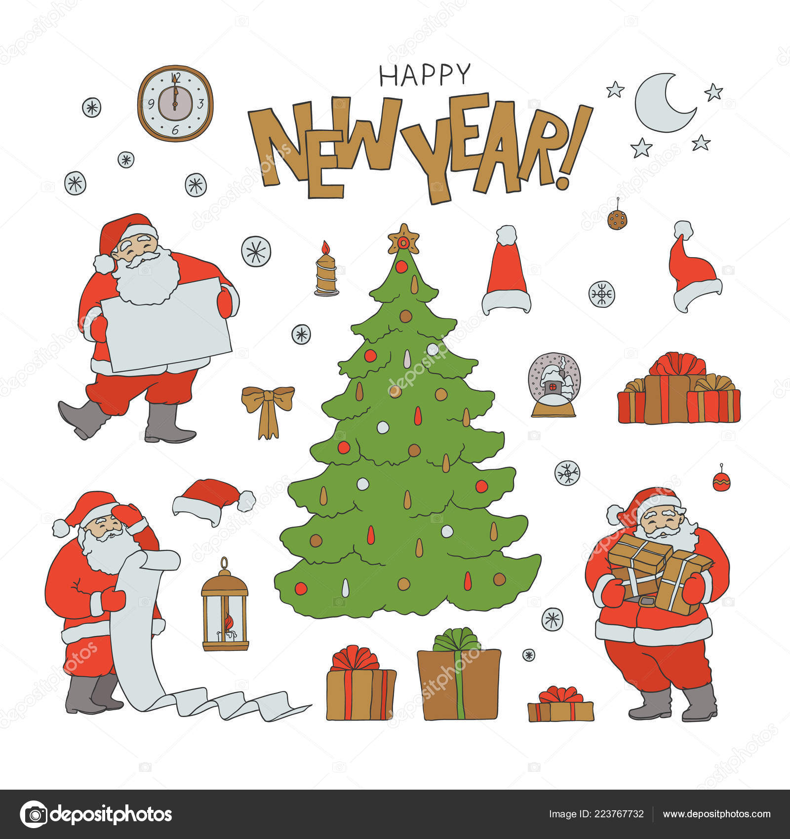 New Year Set Santa Claus Holiday Symbols Vector Sketch