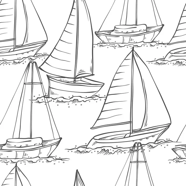 Vector seamless pattern sailing yachts on sea waves. Water transport for travel, recreation and sports monochrome black white of line sketch illustrations isolated on white background