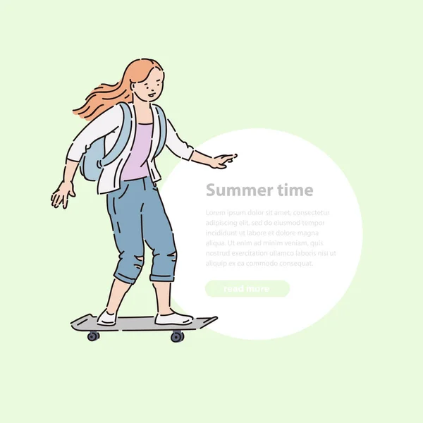 Young girl ride skateboard down street summer time vector line art flat illustration banner and round area for text.