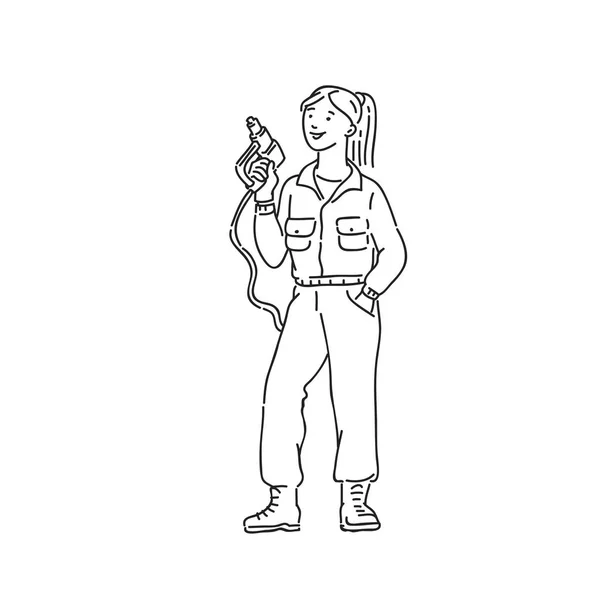Mechanic woman in professional jumpsuit with tool in hand. Line art style character vector black white isolated illustration.