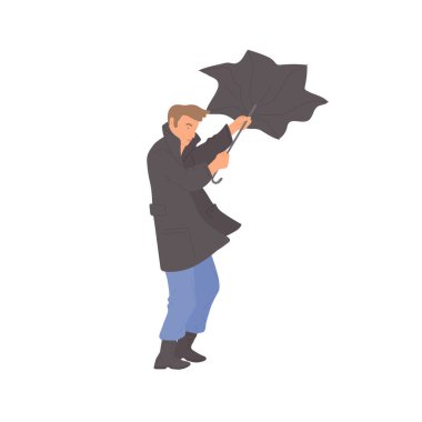 Man with umbrella blows away the wind. Vector flat isolated character in autumn casual clothes of urban style on a white background. vector Man with umbrella blows away the wind. Vector flat isolated character in autumn casual clothes of urban style on a white background. vector