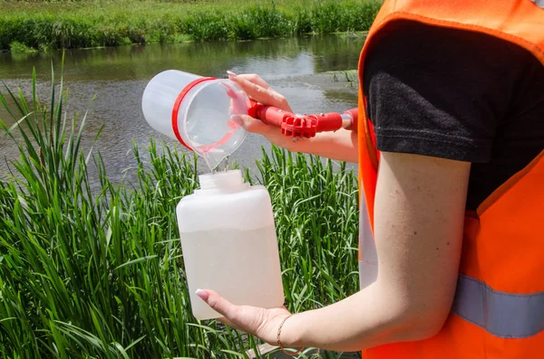 検査のための水のサンプルを取る コンセプト 水の純度 生態系の解析 — ストック写真