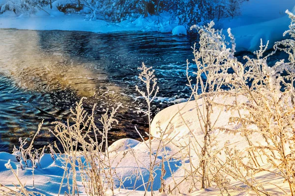 Wintersonnige Landschaft Mit Fluss Und Wald — Stockfoto