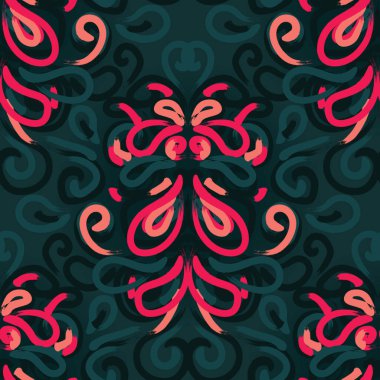 Turkuaz, Kırmızı ve Mercan 'da Karanlık Moody Damask Şablonu