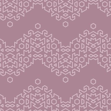 Soluk, soluk, pembe leylak renginde, tekrarlanmayan vektör örneği. Isometric geometrik şekiller sembol zig zag çizgilerine dizilmiştir. Altıgenler, üçgenler, çokgenler.