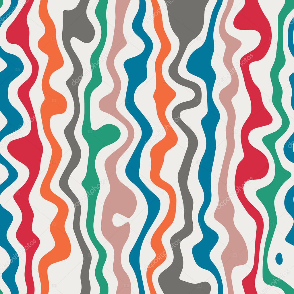 Trippy colorful wavy free-spirited psychedelic stripes seamless repeat vector pattern swatch.  Modern 1970s inspired ripply vertical wave stripe.