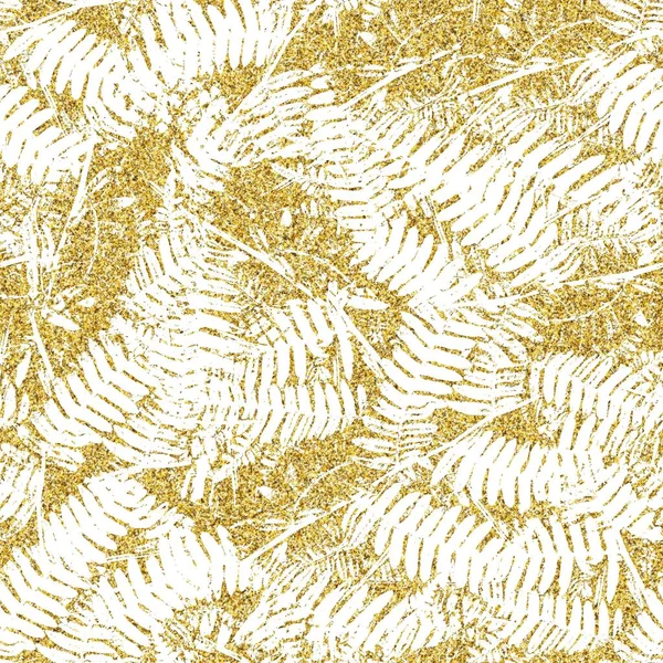 Altın parıltısı ve beyaz tropikal desenler