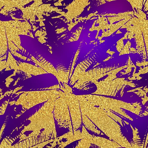 Gouden glitter en paars tropisch naadloos patroon — Stockfoto