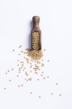 Düz kompozisyon, tahta kaşıkta çiğ mercimek, beyaz arka planda izole edilmiş..