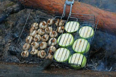 Sebzeler ormanda kızartılıyor. Izgarada nefis kabak ve mantar var. Vahşi doğada bir kamp ateşinde vejetaryen yemeği. Lezzetli kabak ve mantarlar ızgarada.