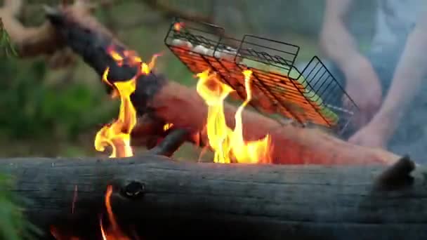 Vuur in het dennenbos. Vegetarisch eten wordt bereid op een grill op een levend vuur, close-up. — Stockvideo