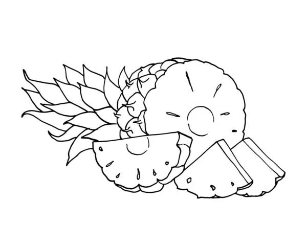 O contorno do abacaxi, isolado sobre fundo branco, desenhado à mão ilustração vetorial. O conjunto de metades de abacaxi e pedaços . — Vetor de Stock